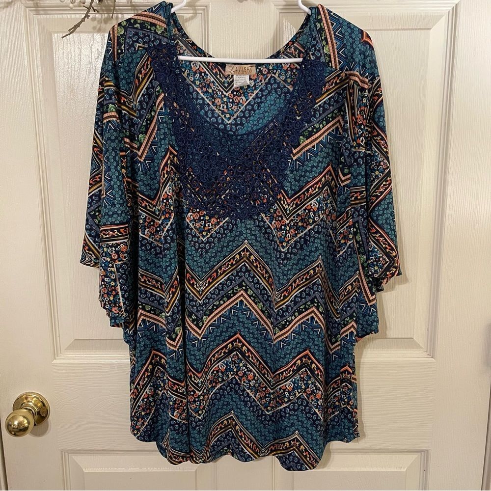 Cato Blue and Tan Relaxed Tunic with Embellished 3/4 Sleeves